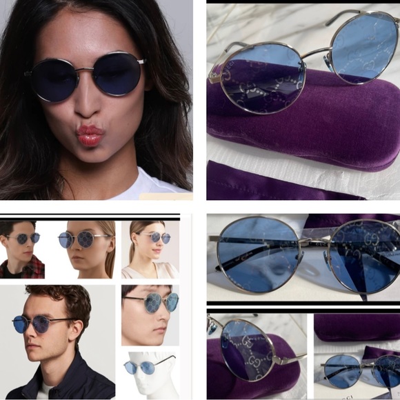 GUCCI “GG” INTERLOCKING LOGO IMPRINTED ON BLUE / SILVER MIRROR ROUND SUNGLASSES - Picture 1 of 16
